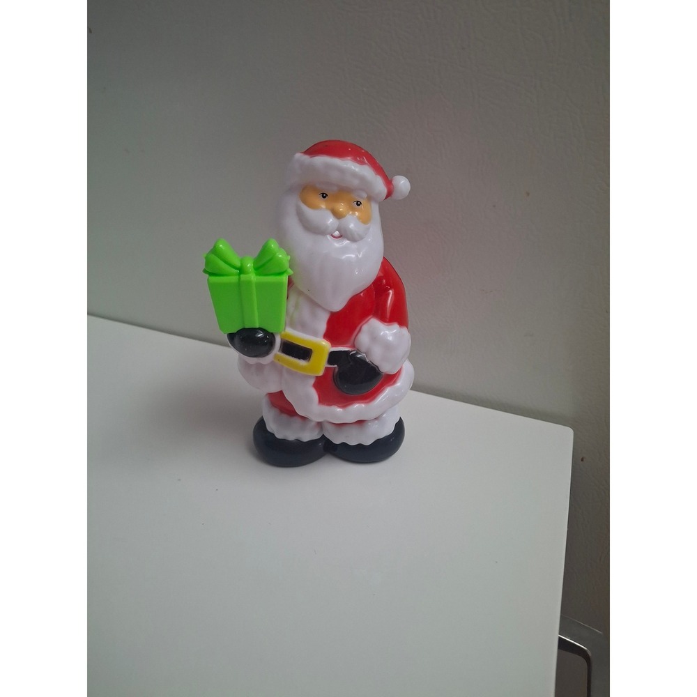 Vintage Plastic Santa Claus Figurine Red Suit Green Gift Christmas Decoration